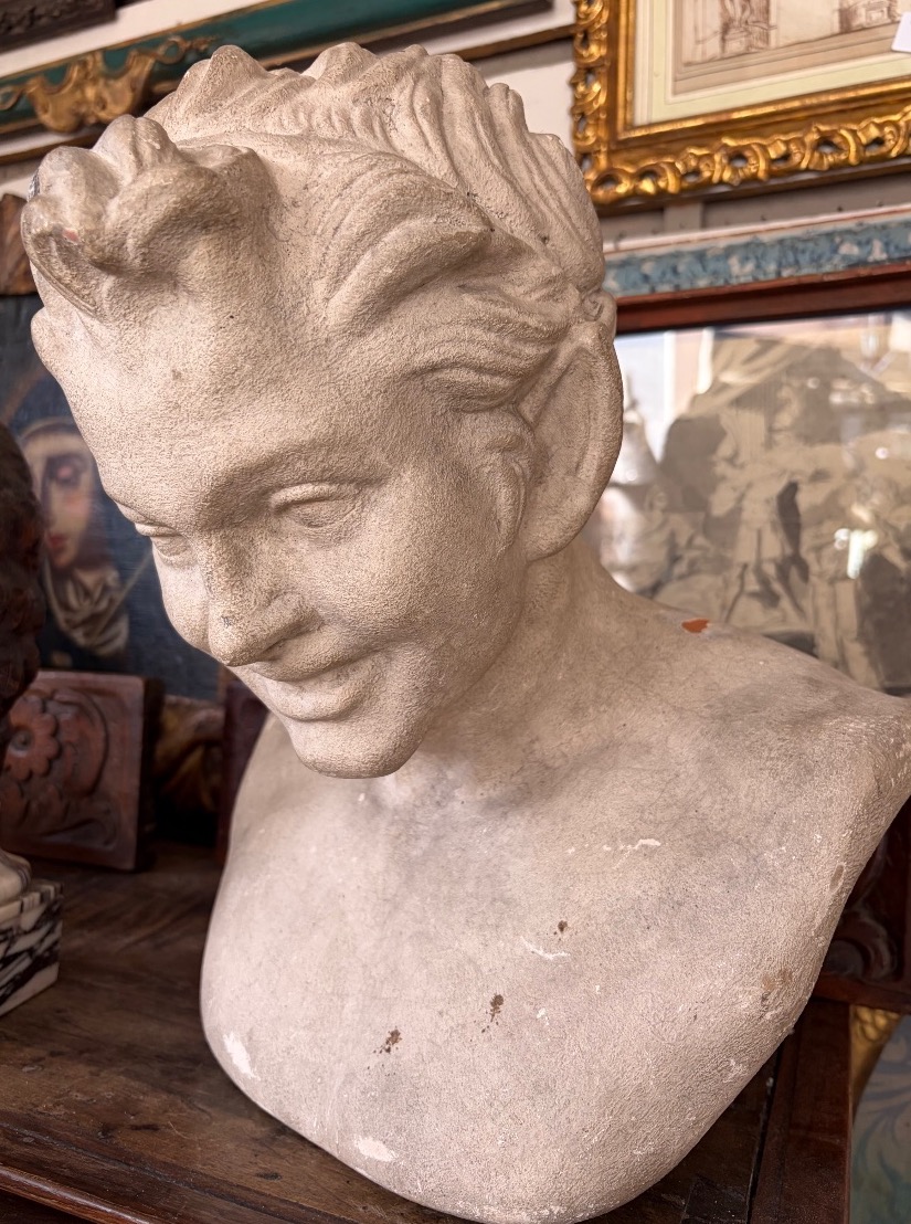 Smiling Satire Bust, White-painted Terracotta, 20th Century, France.-photo-2