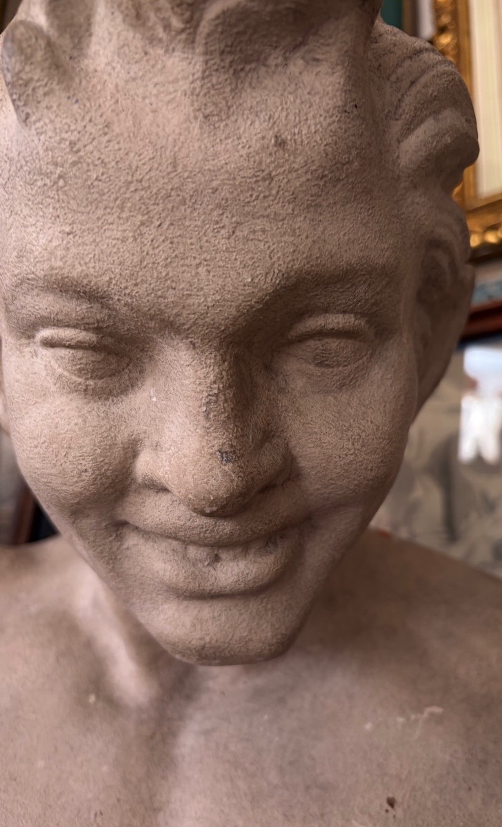 Smiling Satire Bust, White-painted Terracotta, 20th Century, France.-photo-3