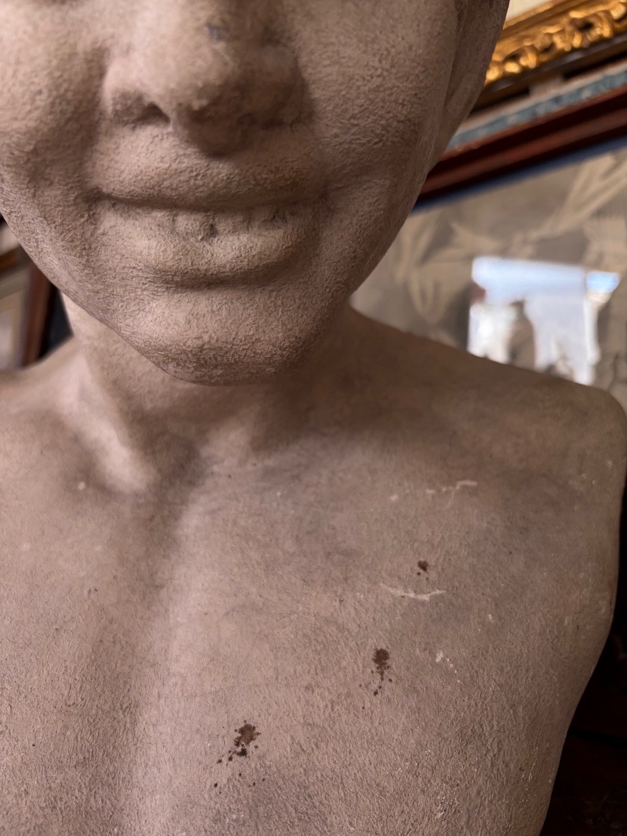 Smiling Satire Bust, White-painted Terracotta, 20th Century, France.-photo-4