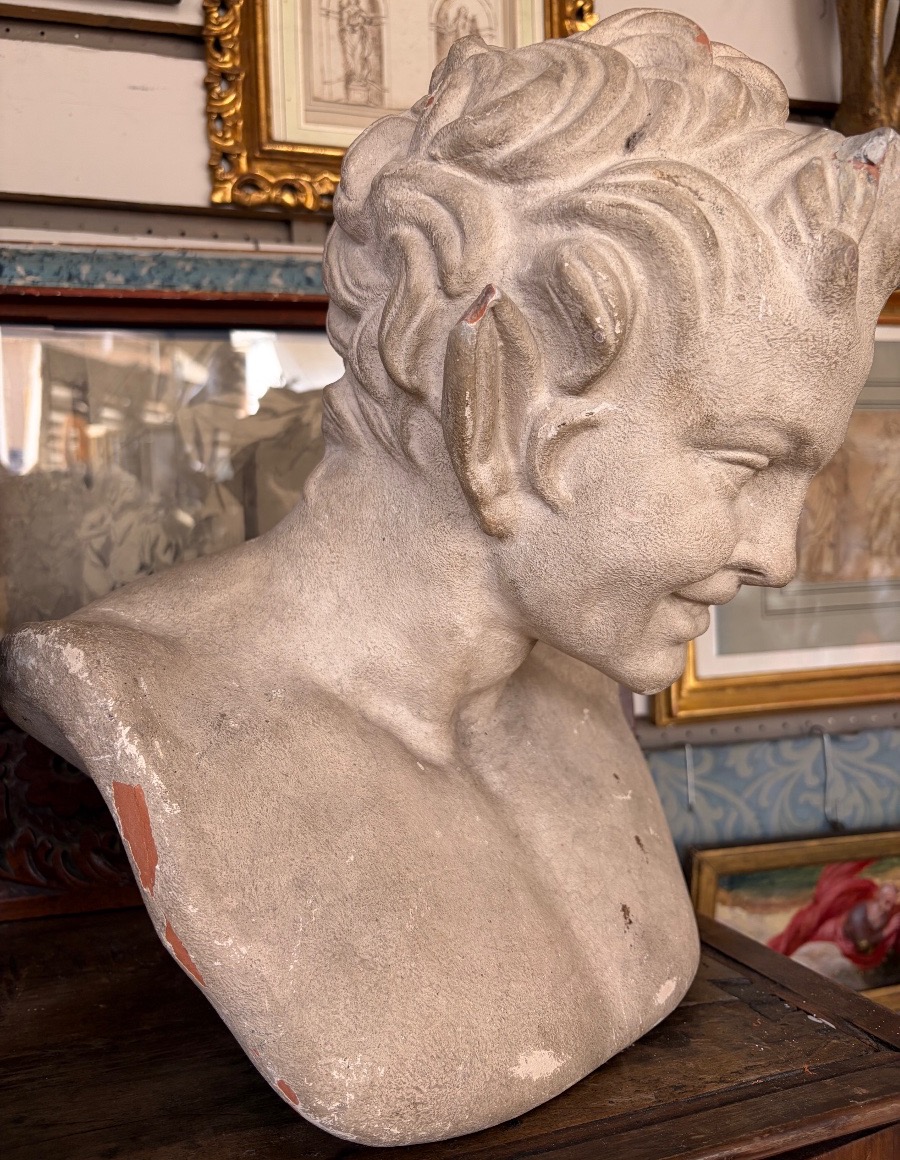 Smiling Satire Bust, White-painted Terracotta, 20th Century, France.-photo-2