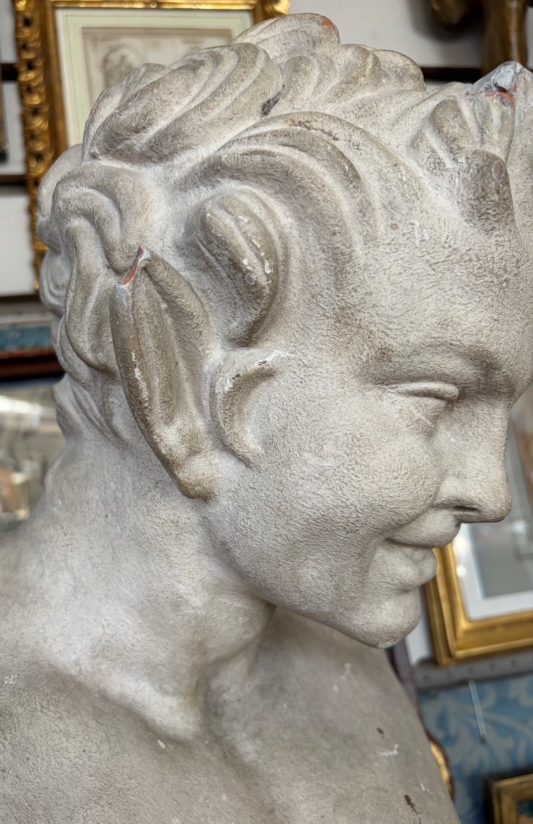 Smiling Satire Bust, White-painted Terracotta, 20th Century, France.-photo-3