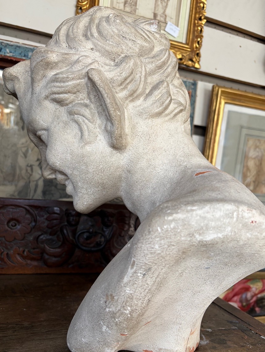 Smiling Satire Bust, White-painted Terracotta, 20th Century, France.-photo-6