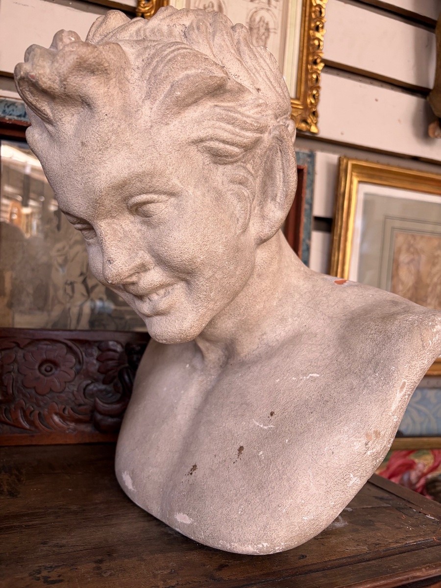 Smiling Satire Bust, White-painted Terracotta, 20th Century, France.-photo-7
