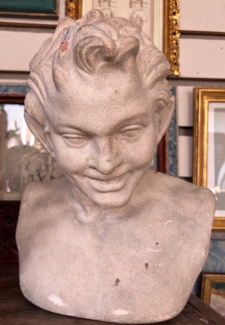 Smiling Satire Bust, White-painted Terracotta, 20th Century, France.
