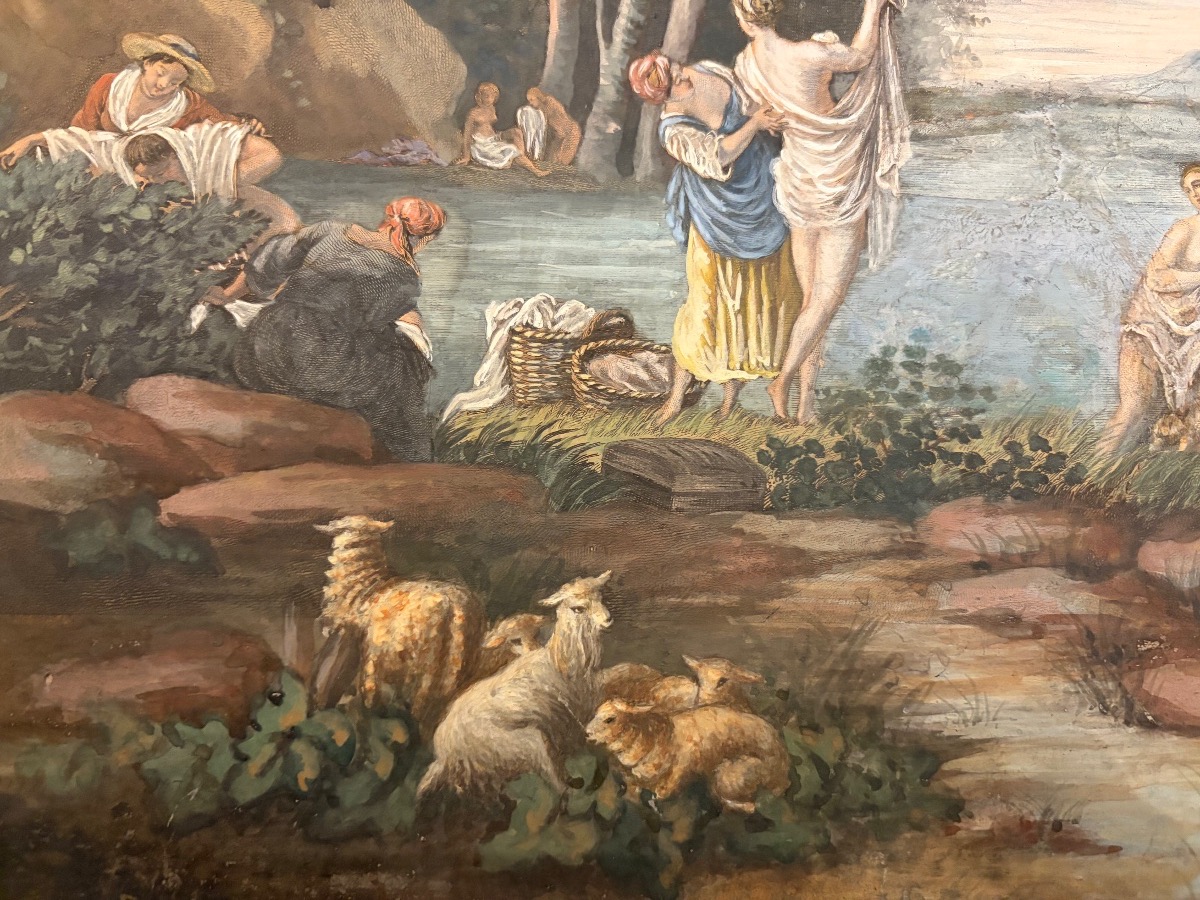 Large Drawing In Gouache Etching, Bathers In An Animated Landscape.-photo-3