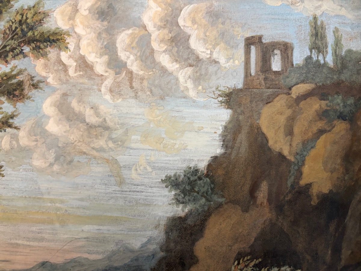 Large Drawing In Gouache Etching, Bathers In An Animated Landscape.-photo-4