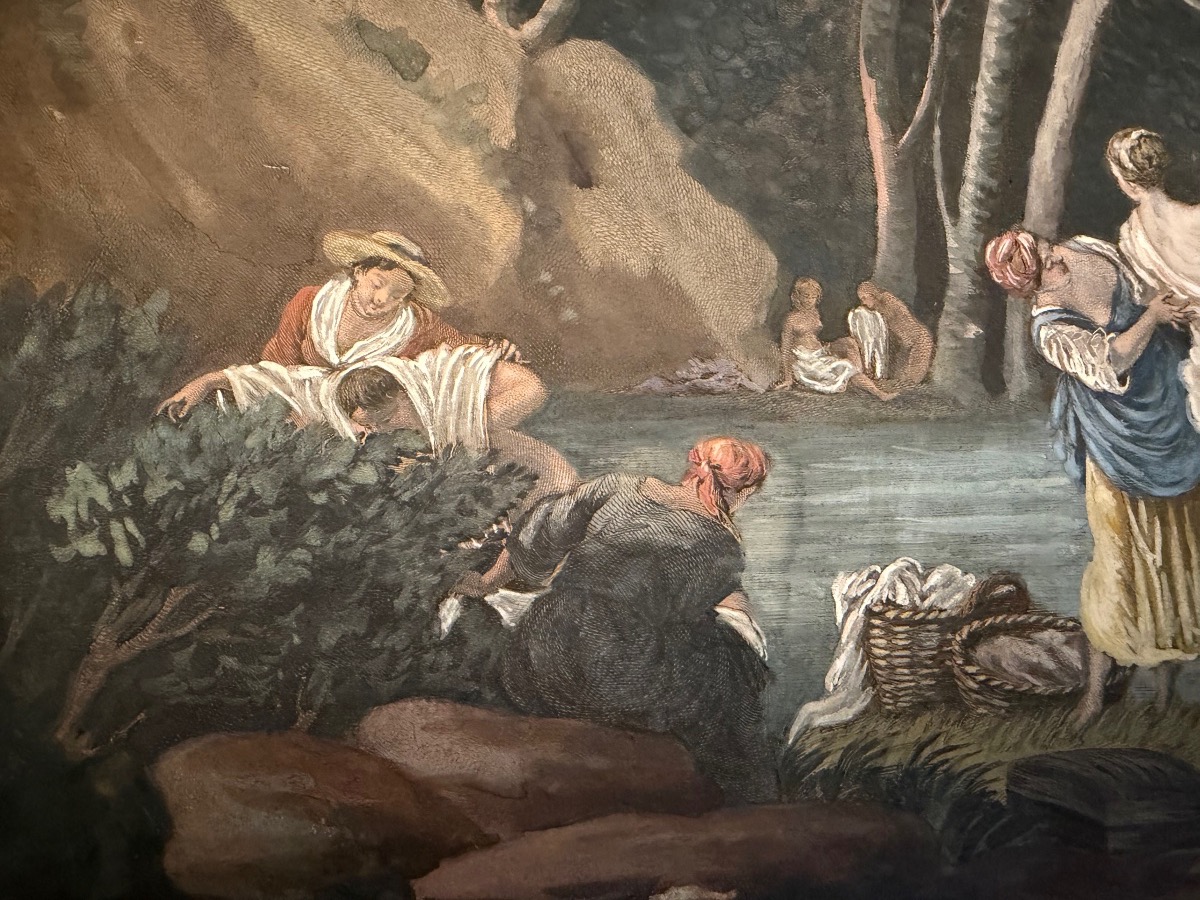 Large Drawing In Gouache Etching, Bathers In An Animated Landscape.-photo-2