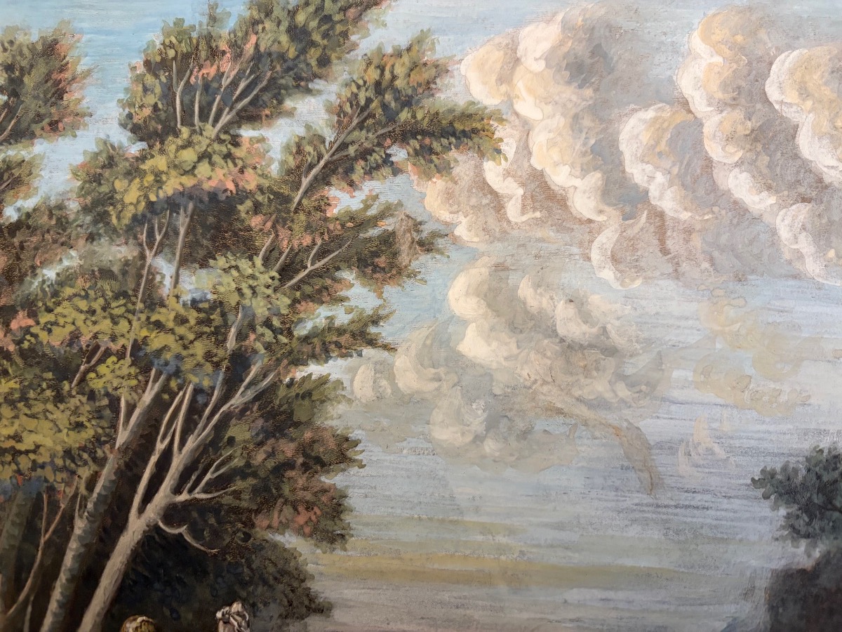 Large Drawing In Gouache Etching, Bathers In An Animated Landscape.-photo-1
