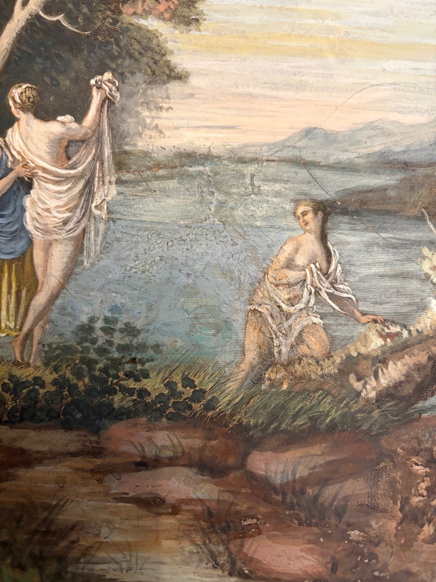 Large Drawing In Gouache Etching, Bathers In An Animated Landscape.-photo-2
