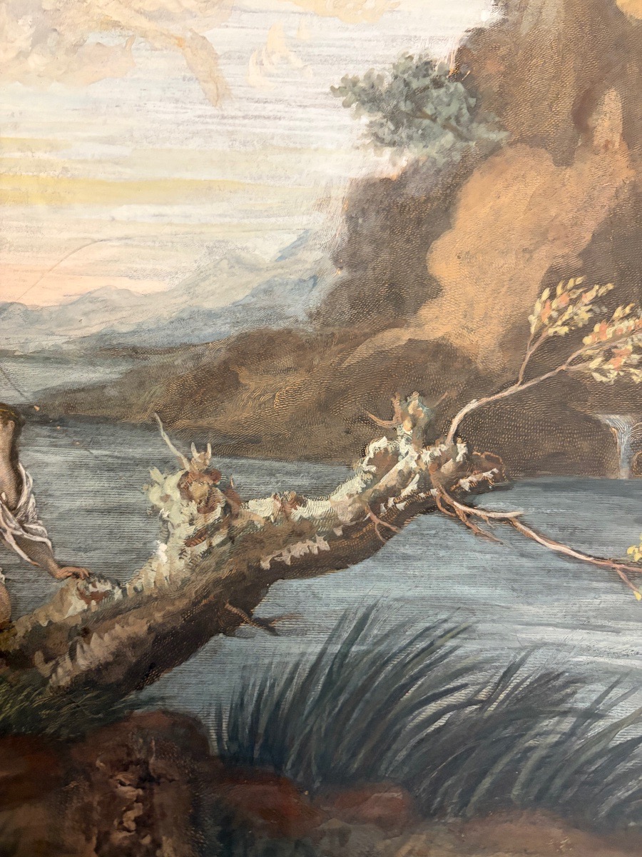 Large Drawing In Gouache Etching, Bathers In An Animated Landscape.-photo-3