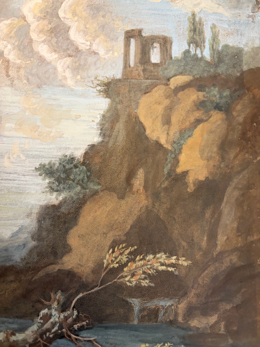 Large Drawing In Gouache Etching, Bathers In An Animated Landscape.-photo-4
