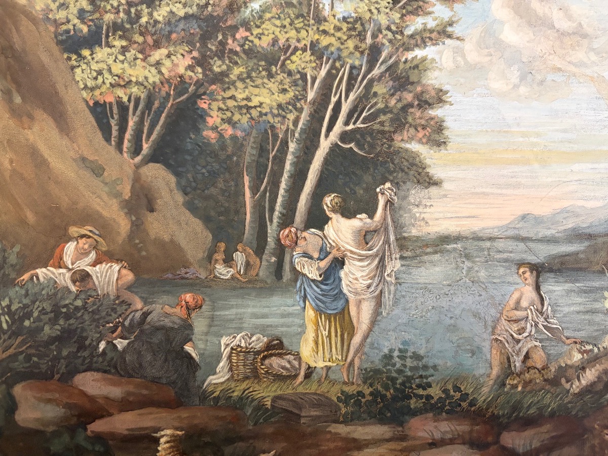 Large Drawing In Gouache Etching, Bathers In An Animated Landscape.-photo-5