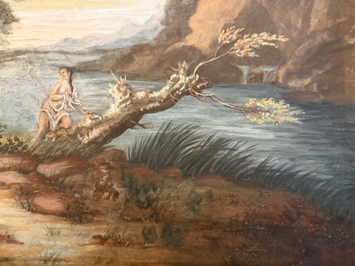 Large Drawing In Gouache Etching, Bathers In An Animated Landscape.-photo-6
