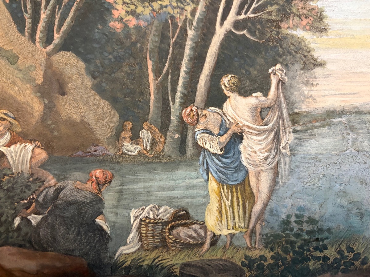 Large Drawing In Gouache Etching, Bathers In An Animated Landscape.-photo-8