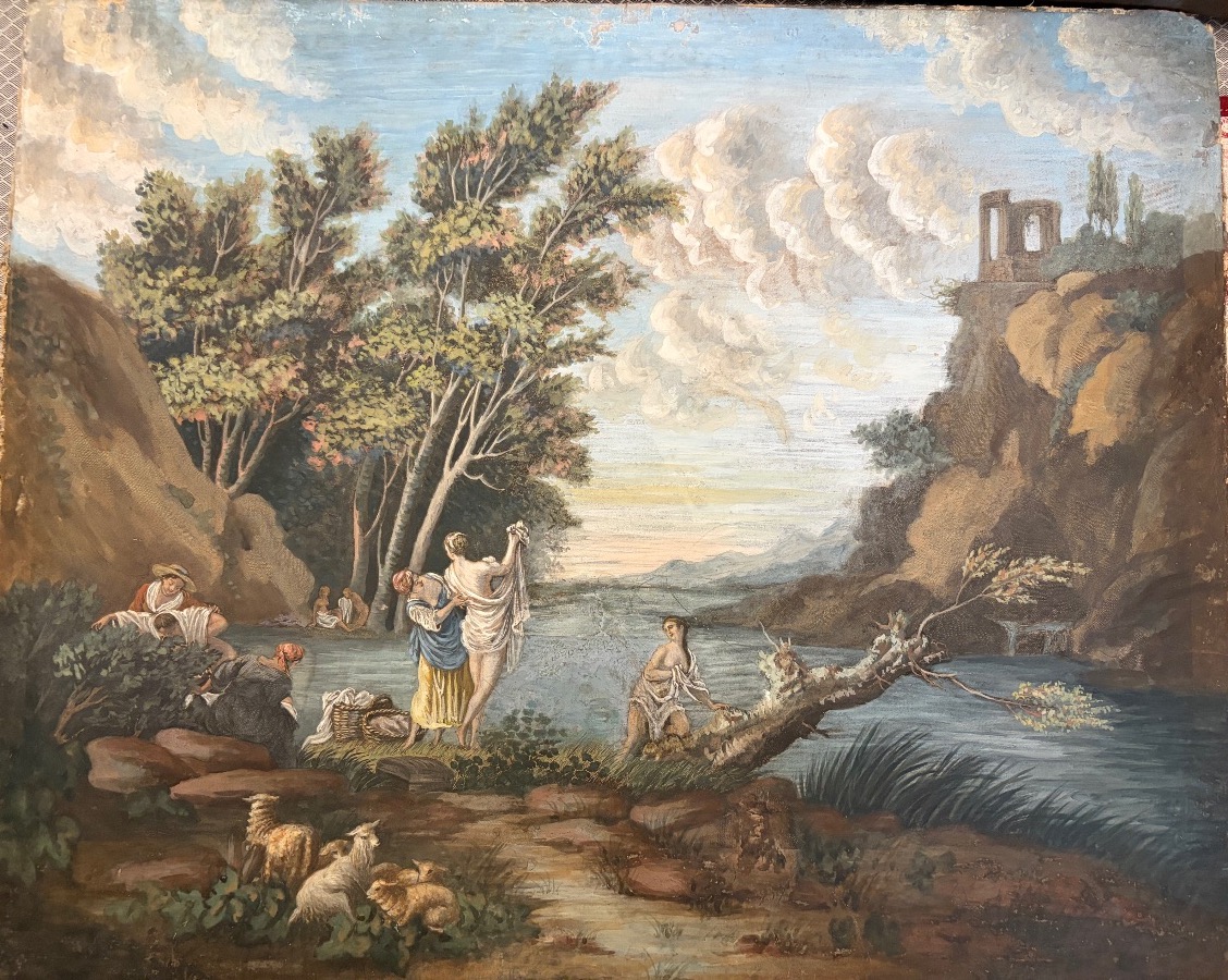 Large Drawing In Gouache Etching, Bathers In An Animated Landscape.