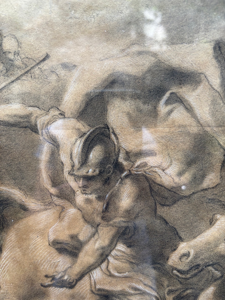 Dessin à la pierre noire et estompe: Marcus Turcius se jetant dans le gouffre pour sauver Rome.-photo-3