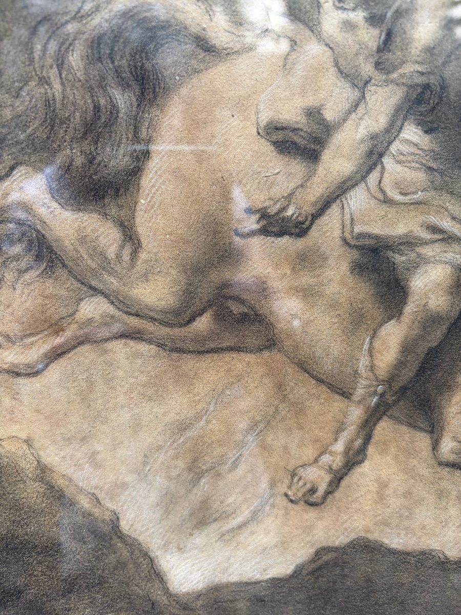 Dessin à la pierre noire et estompe: Marcus Turcius se jetant dans le gouffre pour sauver Rome.-photo-6