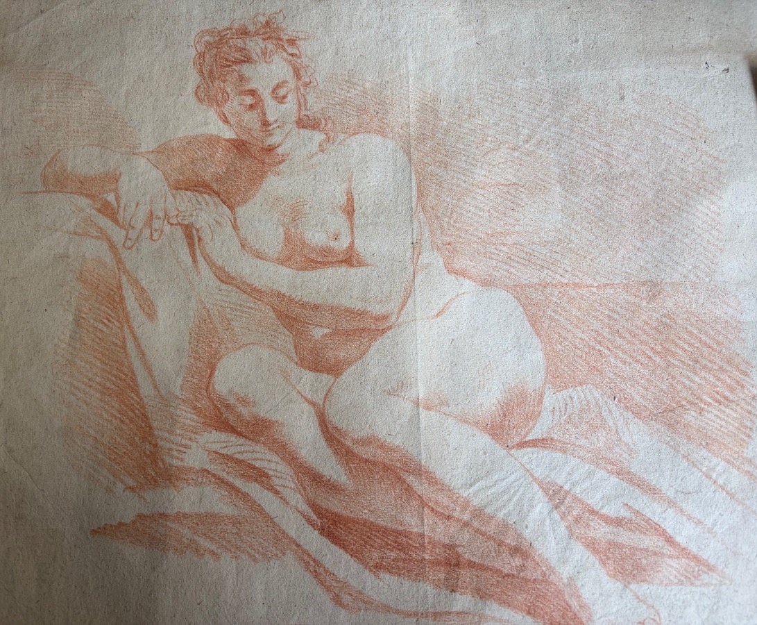 18th-century Sanguine Drawing, Study Of A Nude Woman. France.