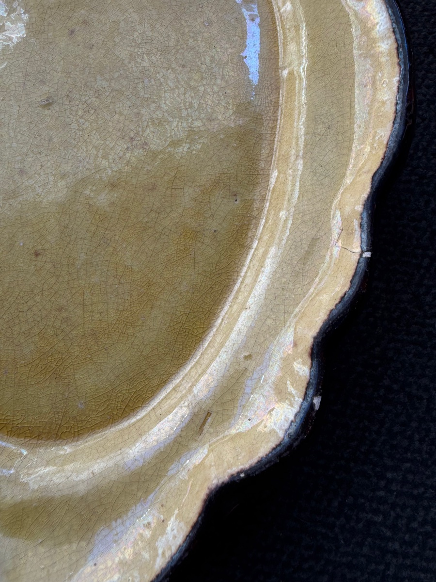 Two Small Dieulefit Earthenware Plates, Yellow With A Brown Border. 20th Century. France.-photo-2