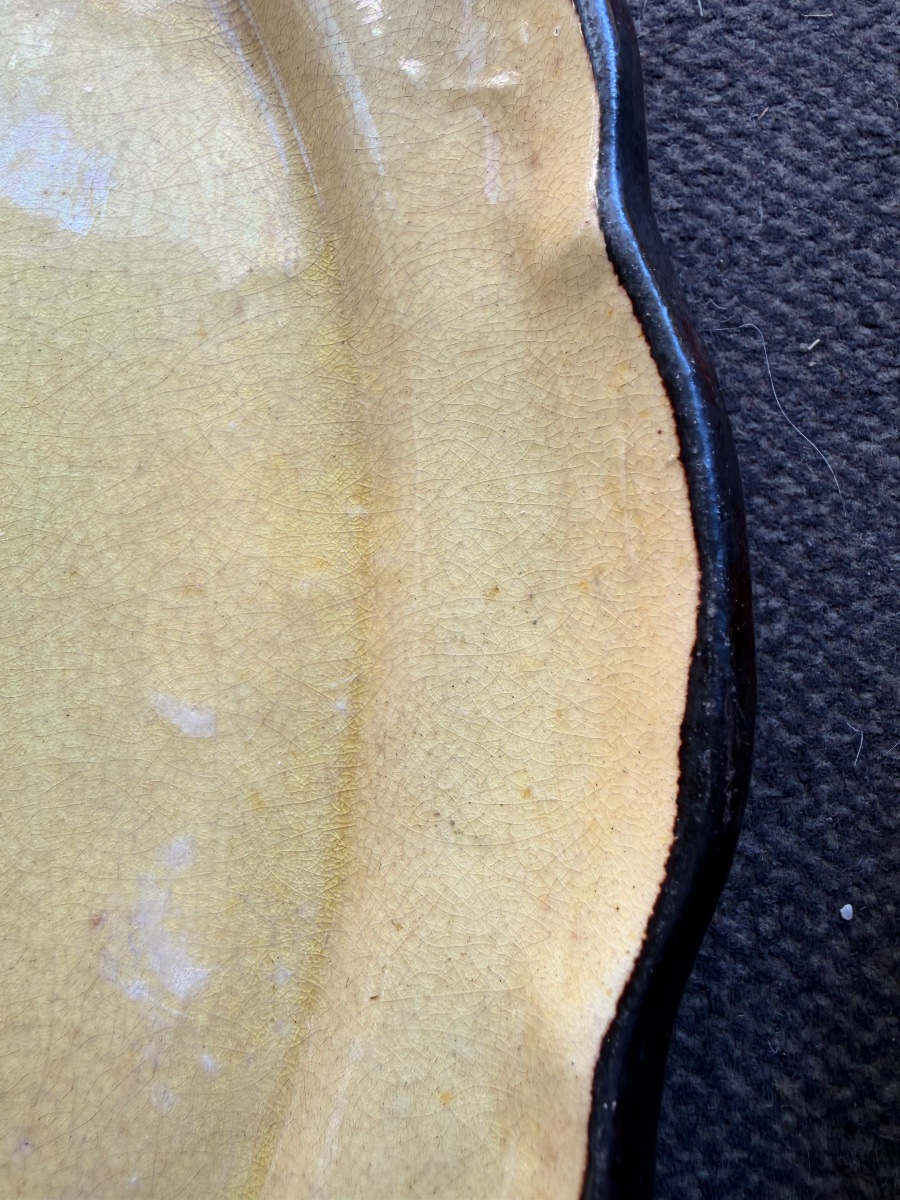 Two Small Dieulefit Earthenware Plates, Yellow With A Brown Border. 20th Century. France.-photo-3