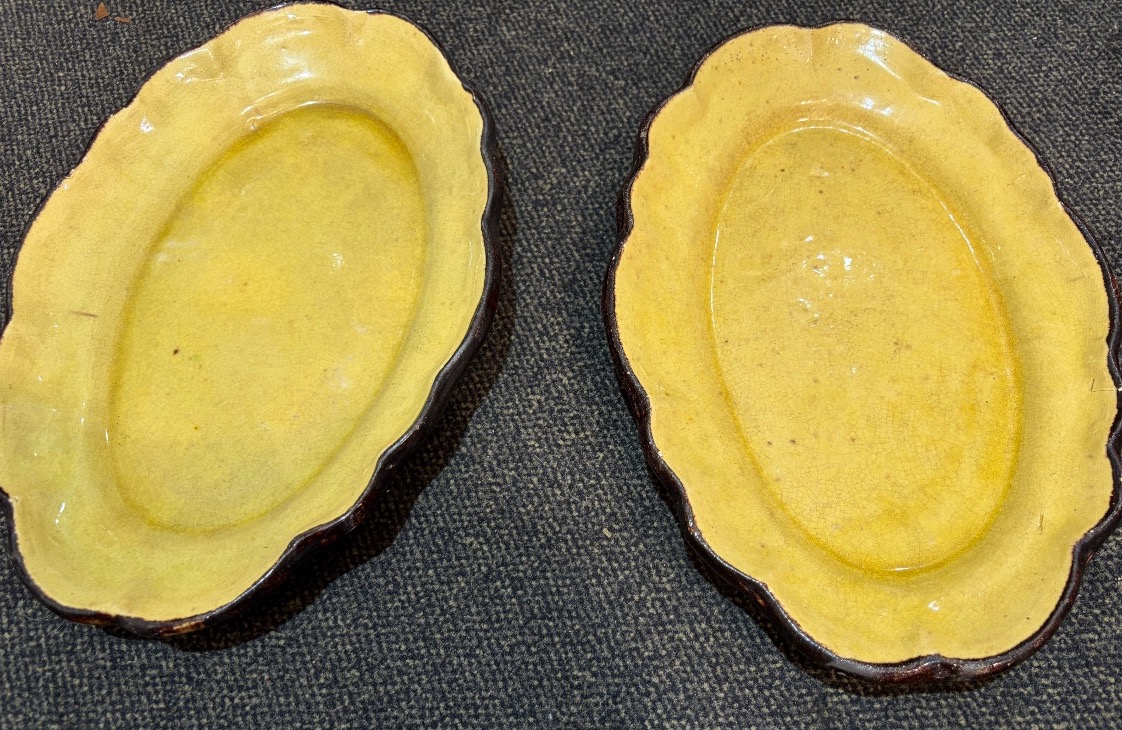 Two Small Dieulefit Earthenware Plates, Yellow With A Brown Border. 20th Century. France.