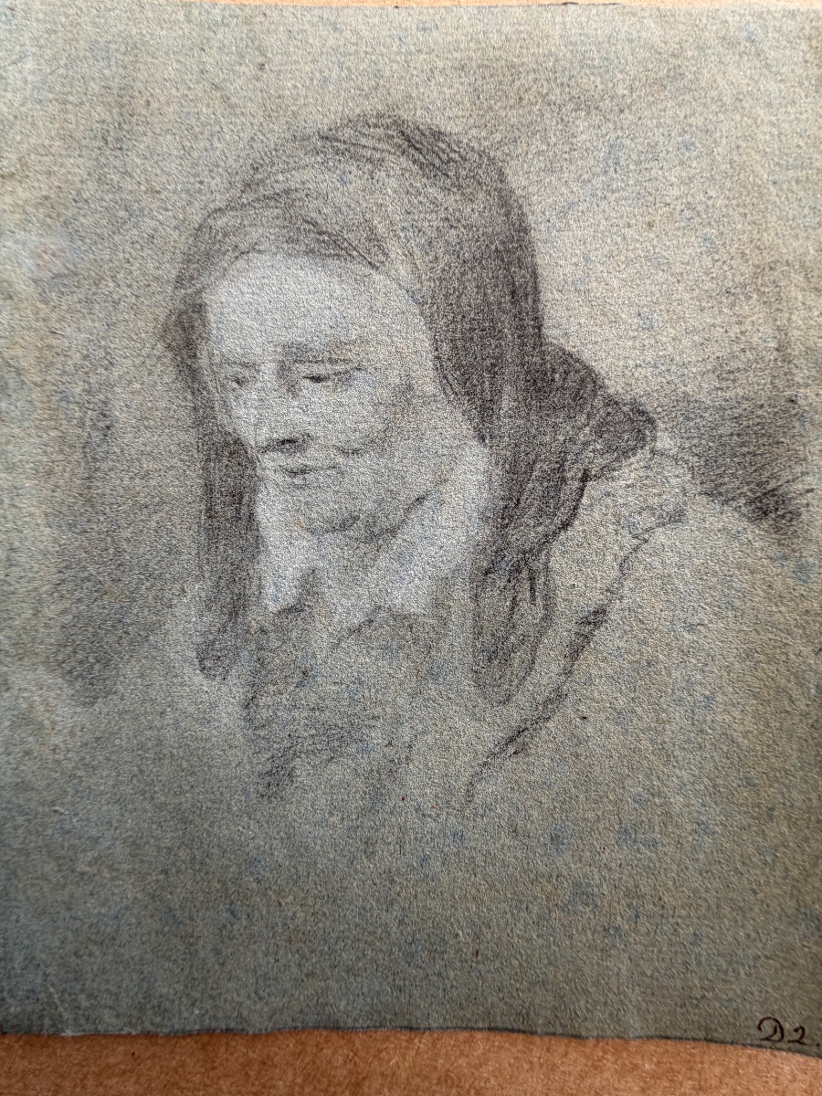 Small Drawing In Black Chalk, Highlighted With White Gouache, On Gray Paper. France, 18th Century.-photo-3