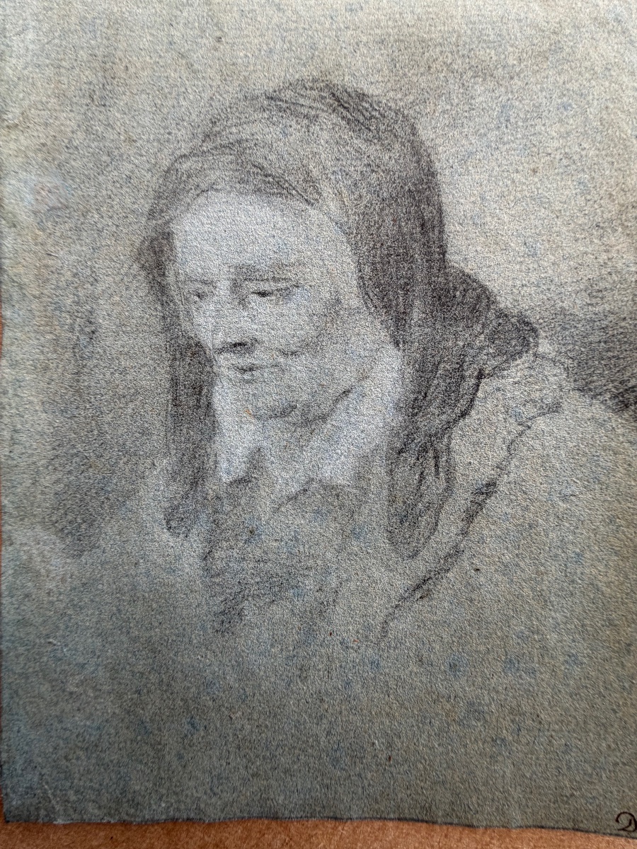 Small Drawing In Black Chalk, Highlighted With White Gouache, On Gray Paper. France, 18th Century.-photo-4