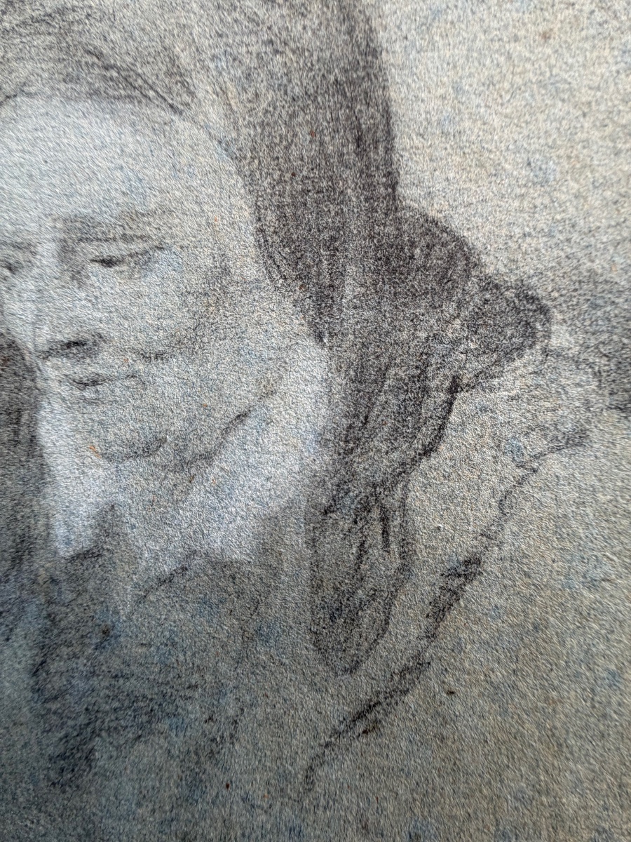 Small Drawing In Black Chalk, Highlighted With White Gouache, On Gray Paper. France, 18th Century.-photo-1
