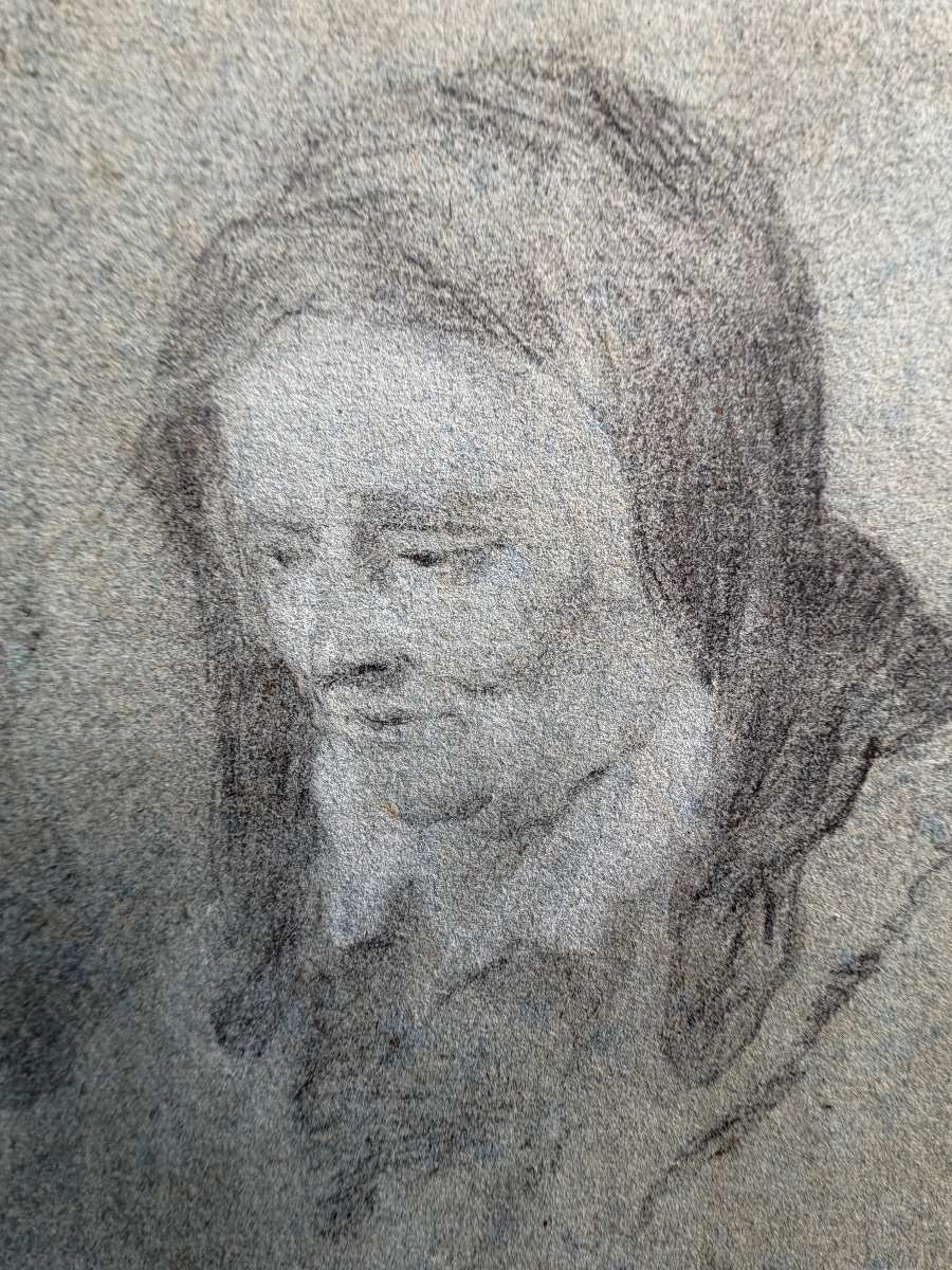 Small Drawing In Black Chalk, Highlighted With White Gouache, On Gray Paper. France, 18th Century.-photo-3