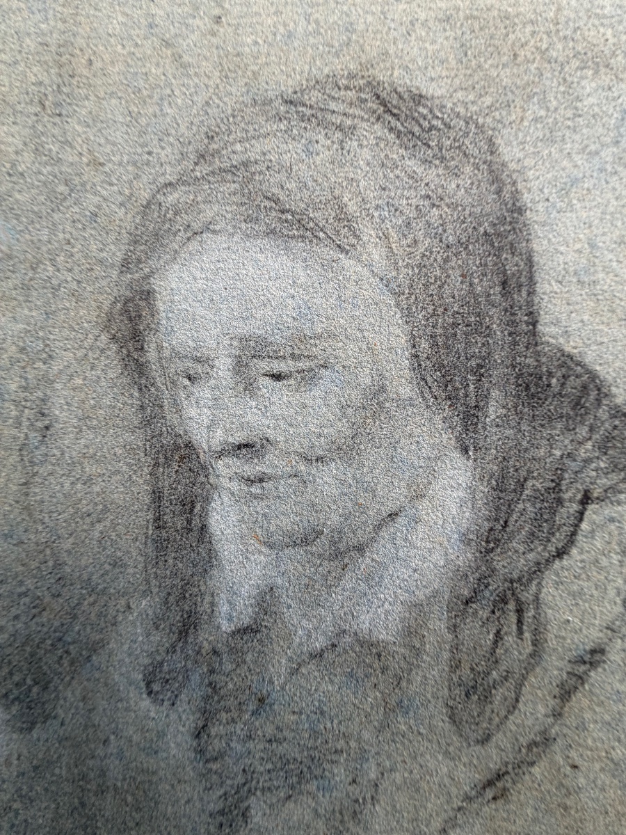 Small Drawing In Black Chalk, Highlighted With White Gouache, On Gray Paper. France, 18th Century.