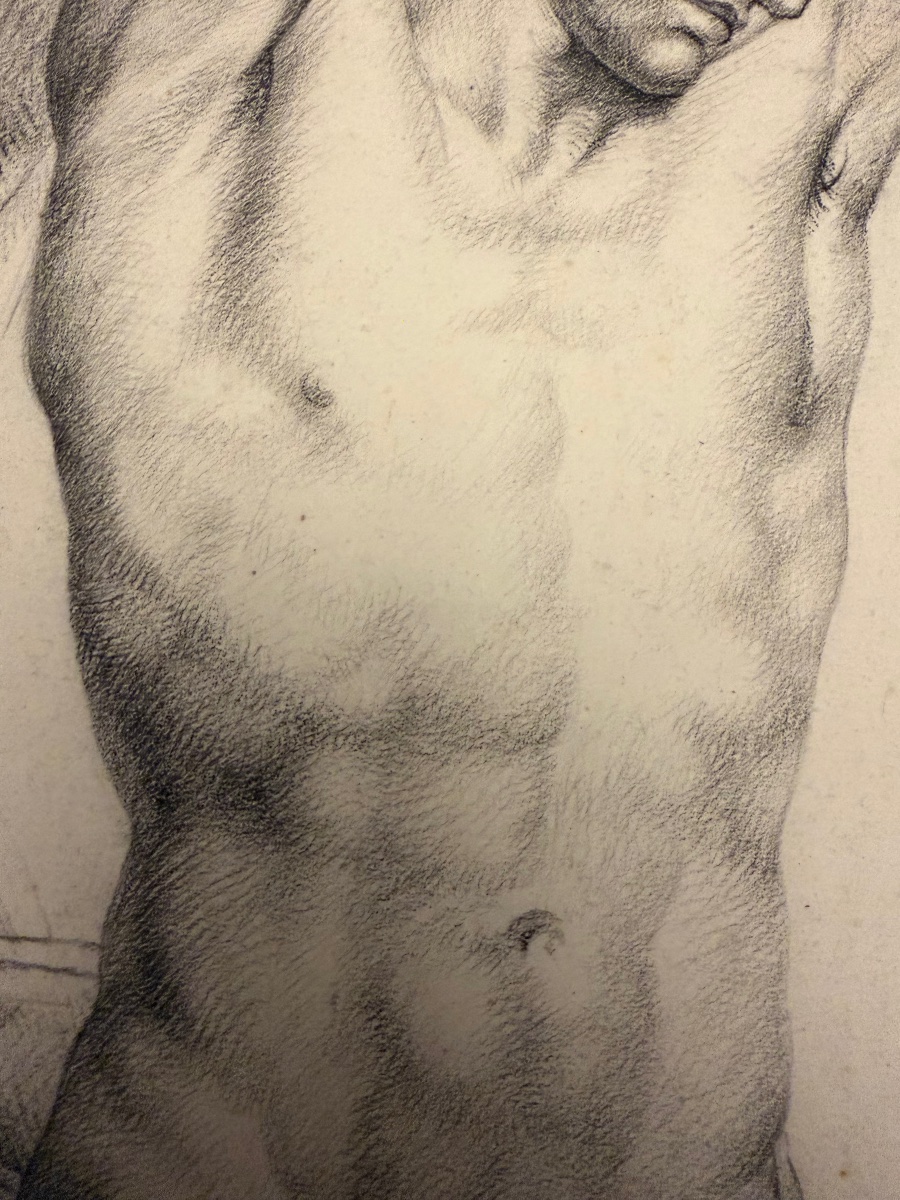 Grand dessin, éphébe musclé dans l’eau, pierre noire, vers 1830. France. -photo-2
