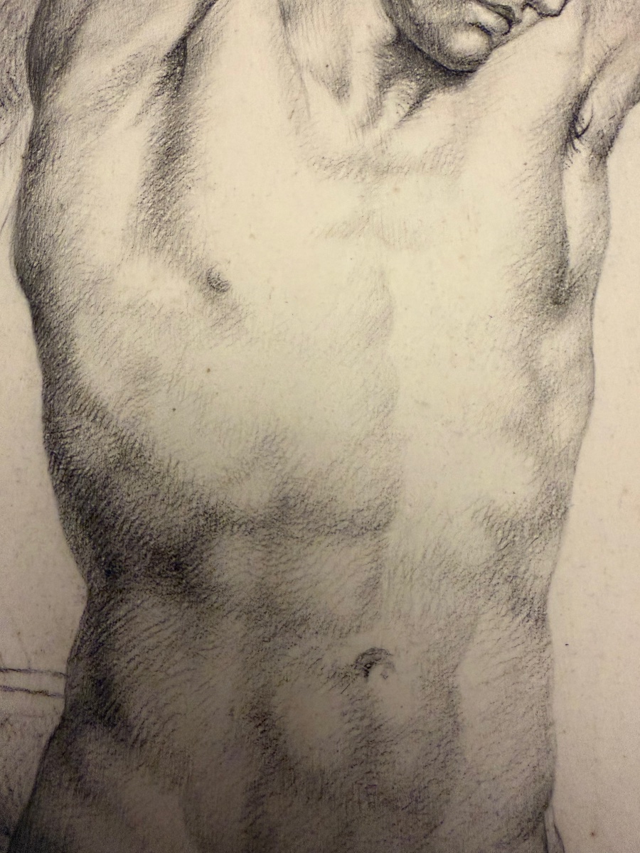 Grand dessin, éphébe musclé dans l’eau, pierre noire, vers 1830. France. -photo-3