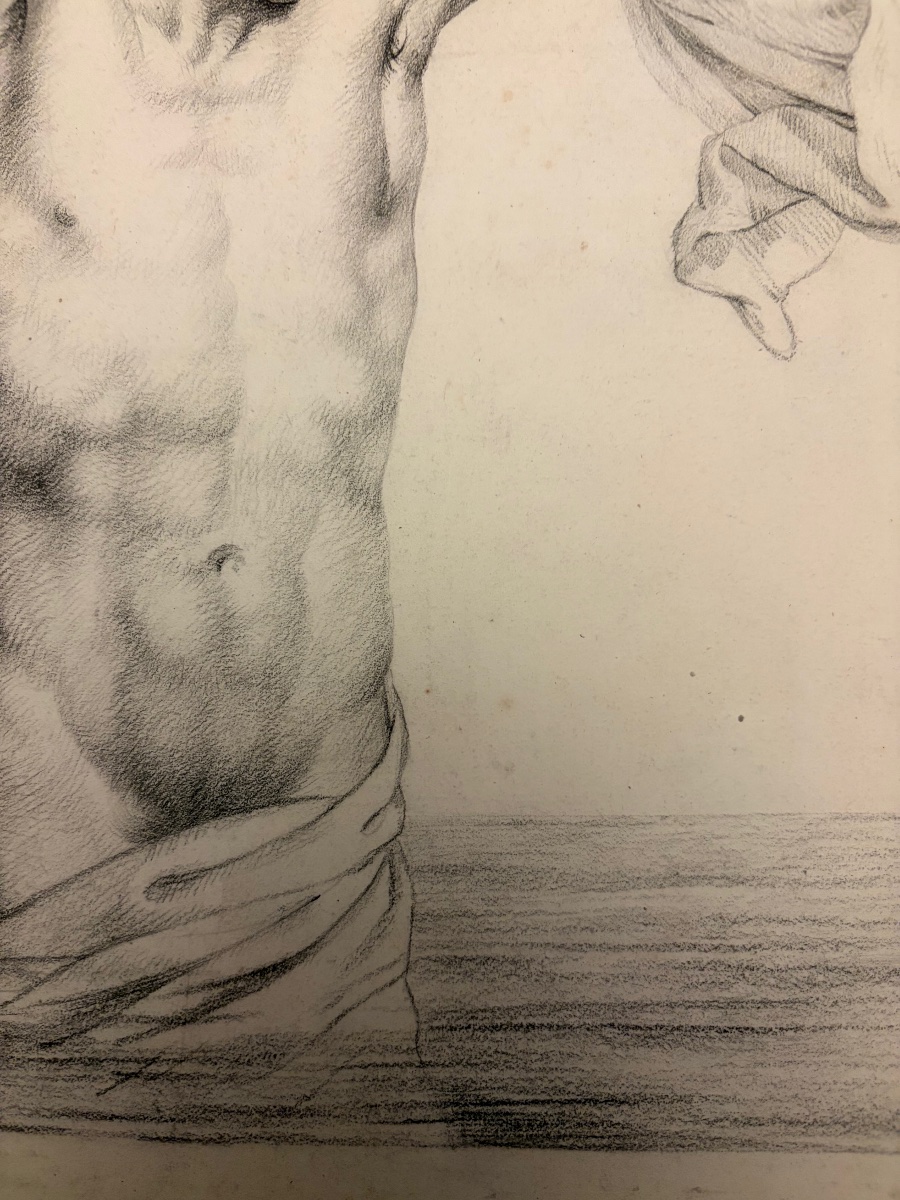 Grand dessin, éphébe musclé dans l’eau, pierre noire, vers 1830. France. -photo-1