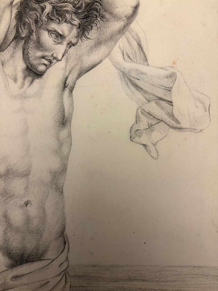 Grand dessin, éphébe musclé dans l’eau, pierre noire, vers 1830. France. -photo-2