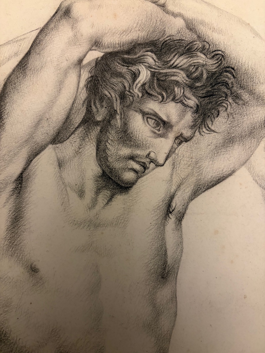 Grand dessin, éphébe musclé dans l’eau, pierre noire, vers 1830. France. -photo-3