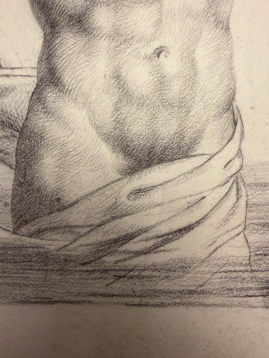 Grand dessin, éphébe musclé dans l’eau, pierre noire, vers 1830. France. -photo-4