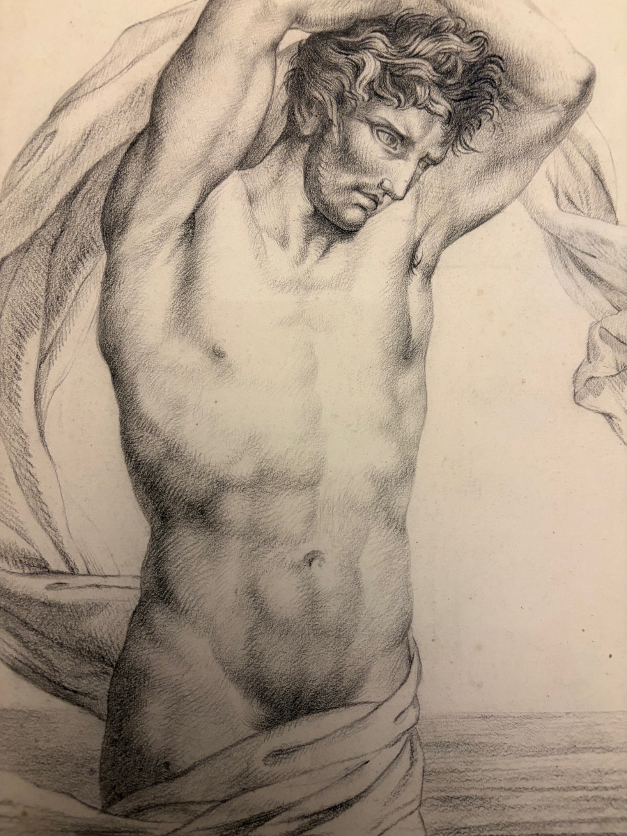 Grand dessin, éphébe musclé dans l’eau, pierre noire, vers 1830. France. -photo-5