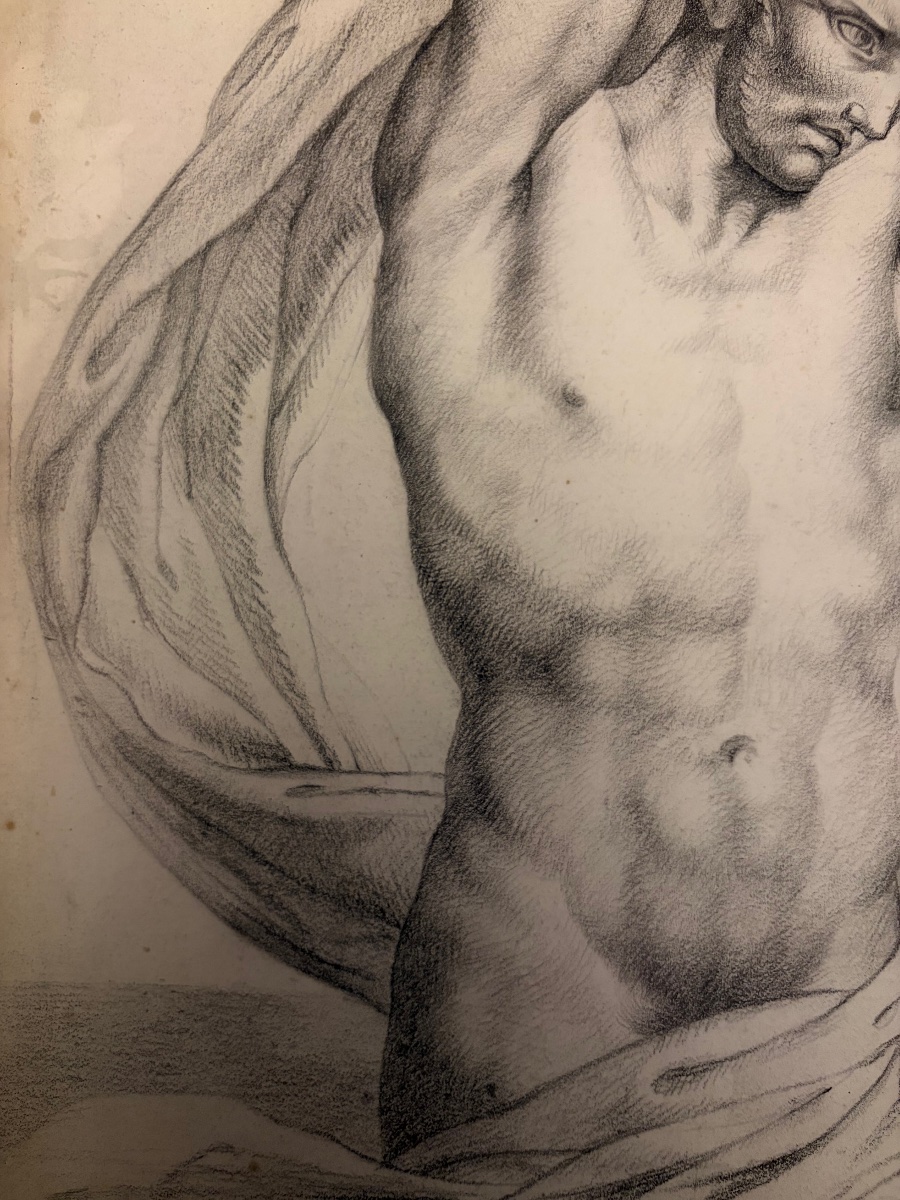 Grand dessin, éphébe musclé dans l’eau, pierre noire, vers 1830. France. -photo-6