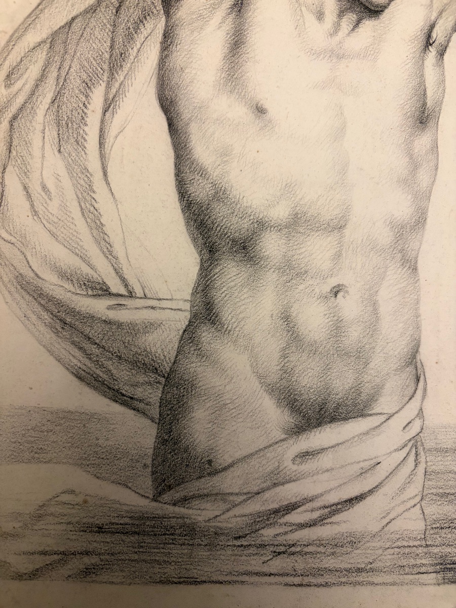 Grand dessin, éphébe musclé dans l’eau, pierre noire, vers 1830. France. -photo-7