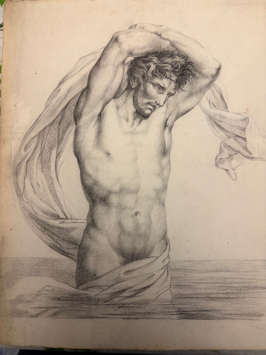 Grand dessin, éphébe musclé dans l’eau, pierre noire, vers 1830. France. 