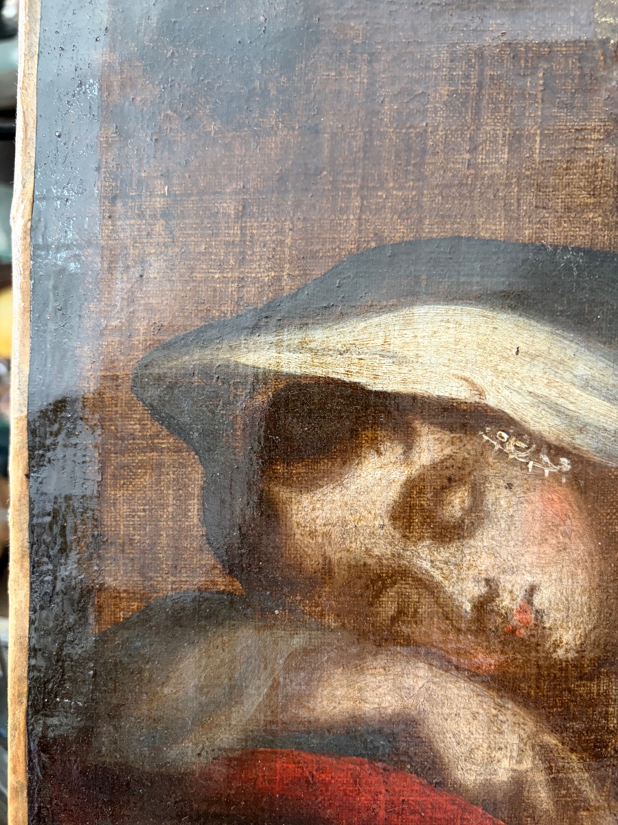 Oil On Canvas, Circa 1830, A Young Girl Sleeping On A Red Cushion. France, 19th Century?-photo-1