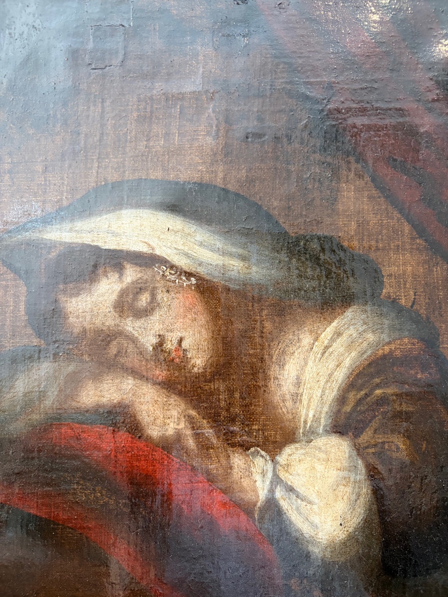 Oil On Canvas, Circa 1830, A Young Girl Sleeping On A Red Cushion. France, 19th Century?-photo-2