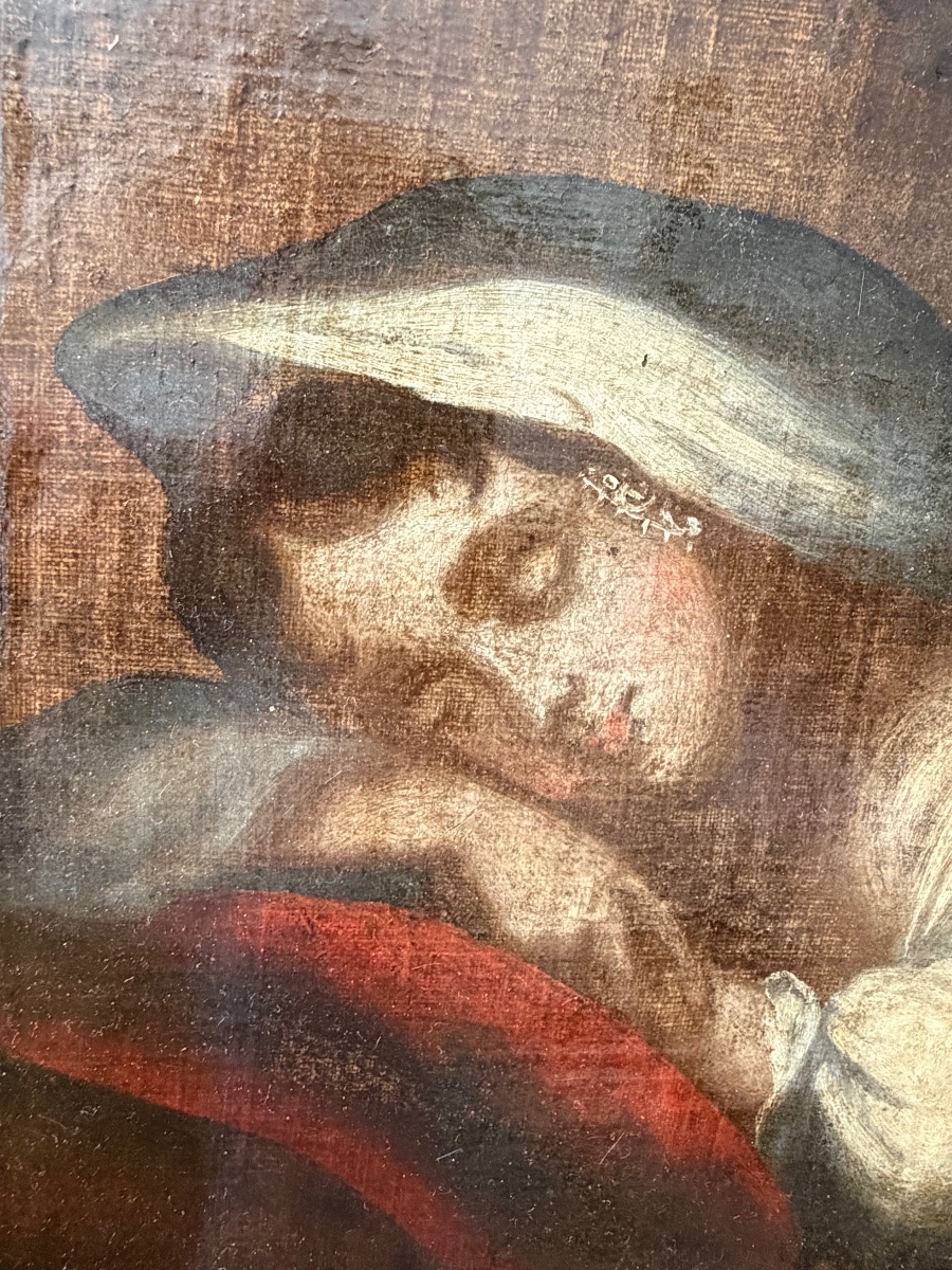 Oil On Canvas, Circa 1830, A Young Girl Sleeping On A Red Cushion. France, 19th Century?-photo-3