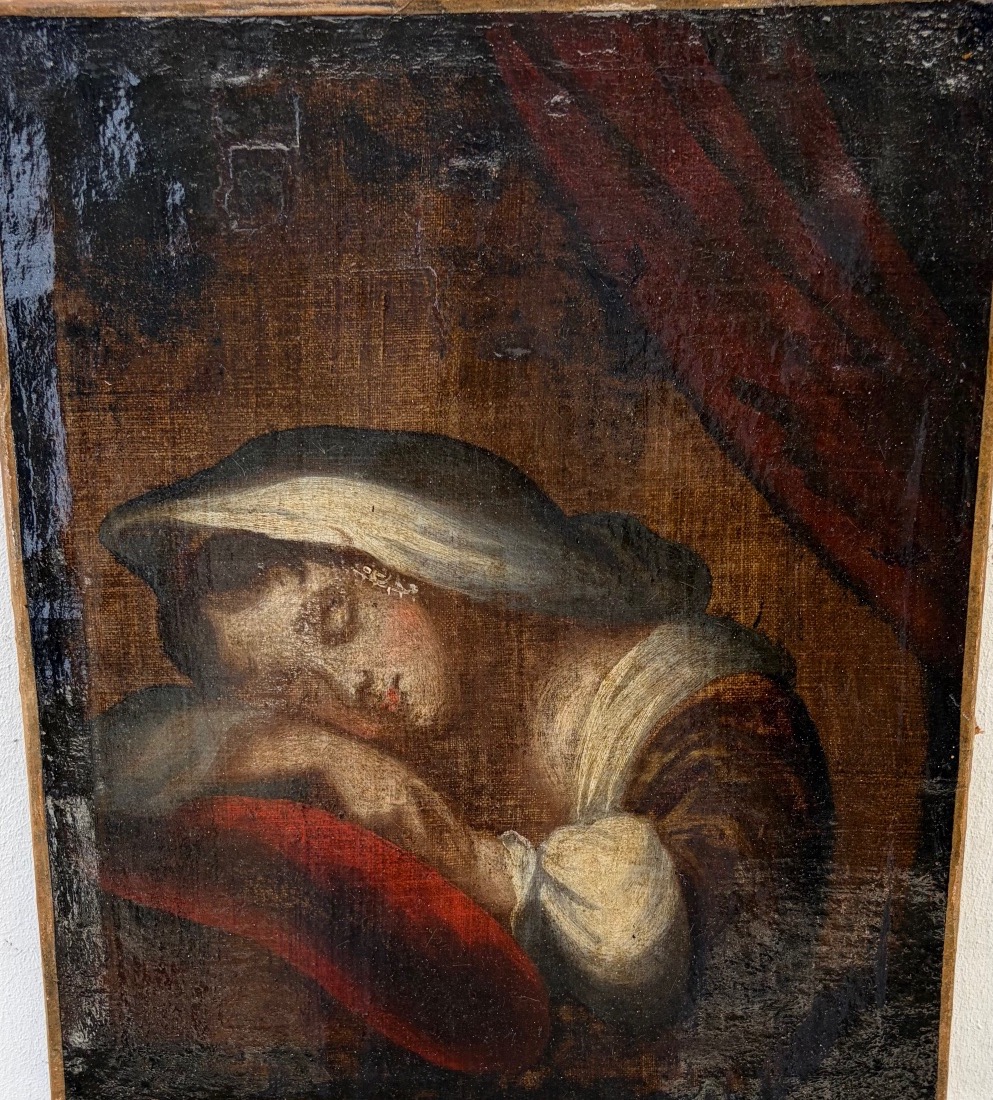 Oil On Canvas, Circa 1830, A Young Girl Sleeping On A Red Cushion. France, 19th Century?