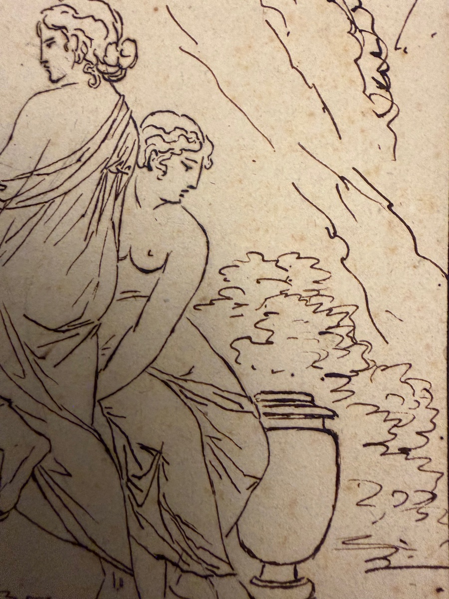 Dessin néo- classique, allégorie de la Fontaine, faune, jeunes filles, enfant.-photo-2
