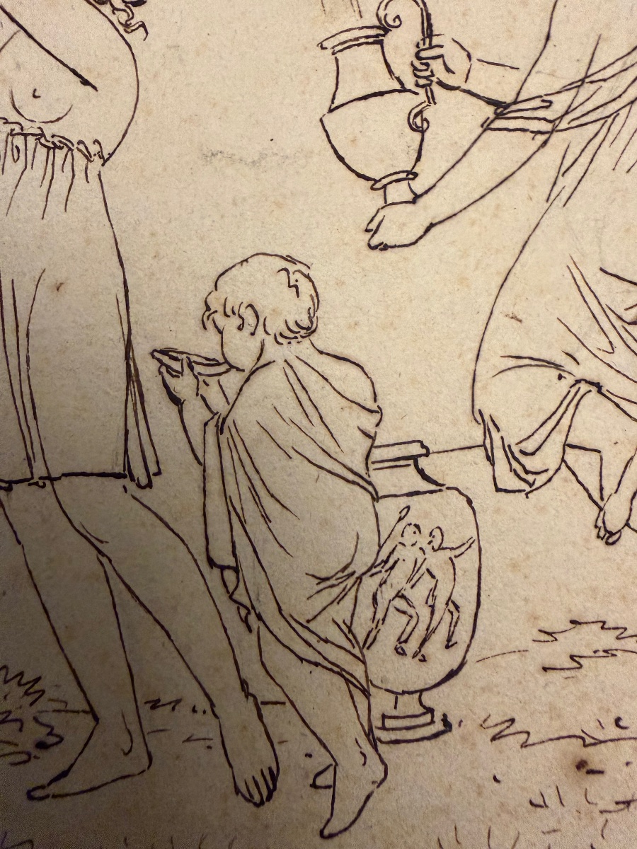 Dessin néo- classique, allégorie de la Fontaine, faune, jeunes filles, enfant.-photo-3