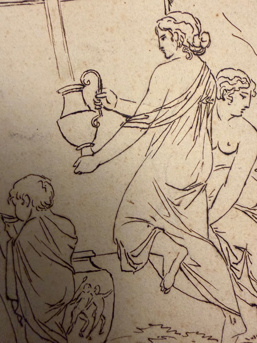 Dessin néo- classique, allégorie de la Fontaine, faune, jeunes filles, enfant.-photo-4