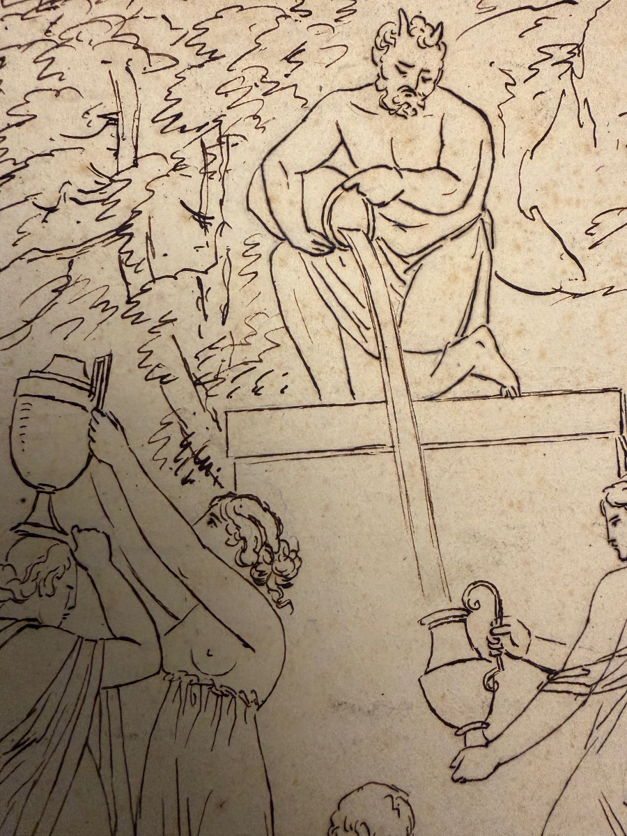 Dessin néo- classique, allégorie de la Fontaine, faune, jeunes filles, enfant.-photo-1