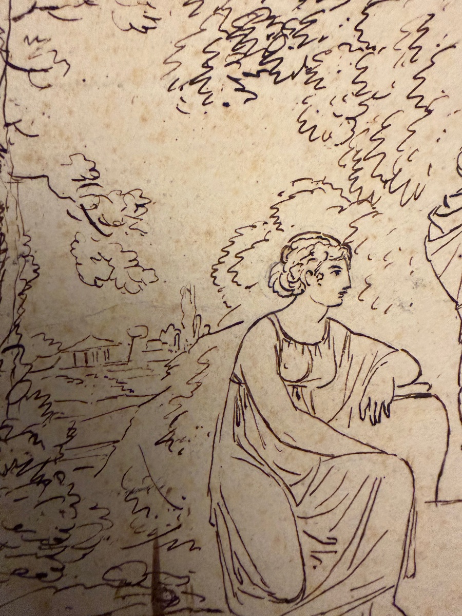 Dessin néo- classique, allégorie de la Fontaine, faune, jeunes filles, enfant.-photo-2
