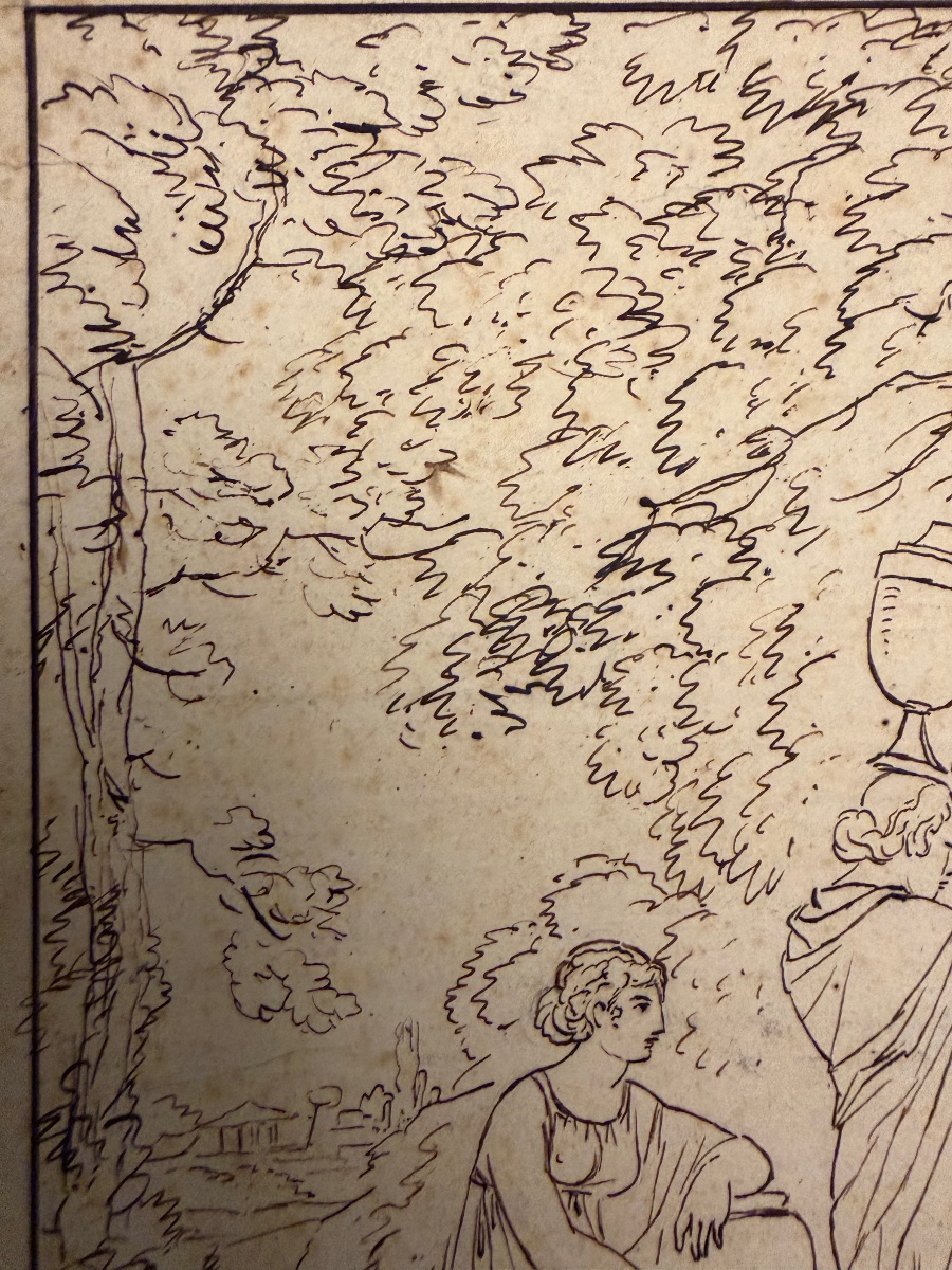 Dessin néo- classique, allégorie de la Fontaine, faune, jeunes filles, enfant.-photo-3